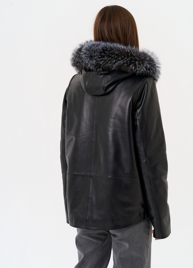 Женская куртка из натуральной кожи с капюшоном из меха чернобурки модель № 31666 в кредит