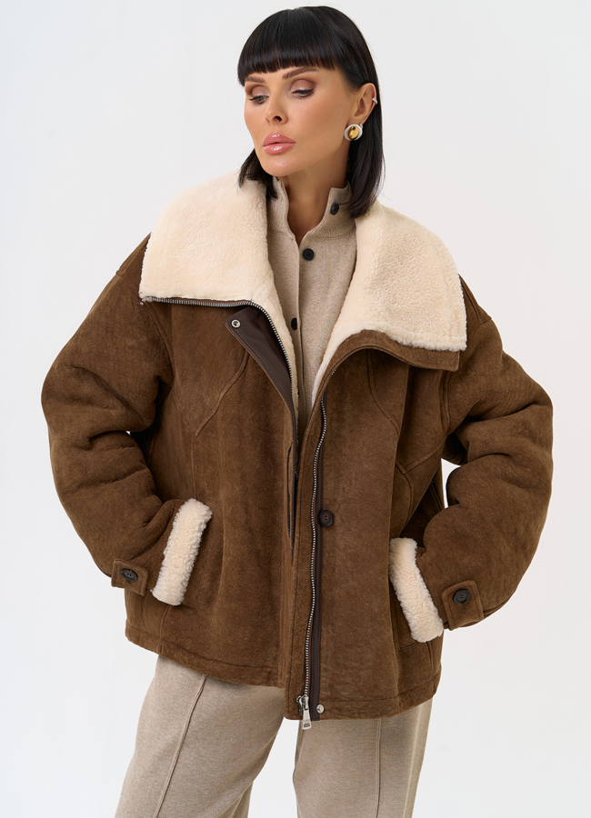 Женская натуральная дубленка в коричневом цвете модель № 31571 меха малина Женская натуральная дубленка в коричневом цвете модель № 31571 меха малина