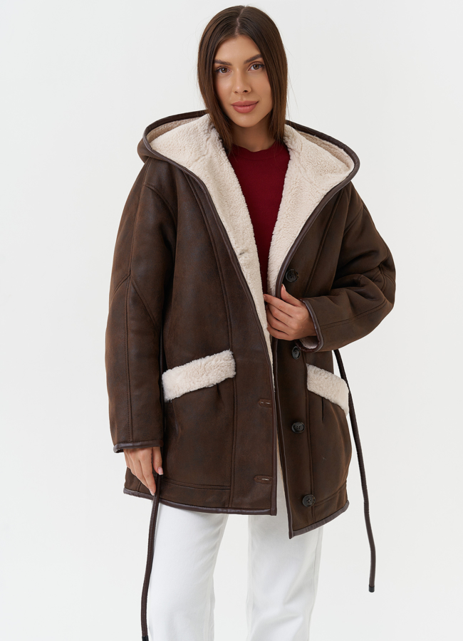 Дубленка из эко кожи с капюшоном модель № 28530 универмаг малина