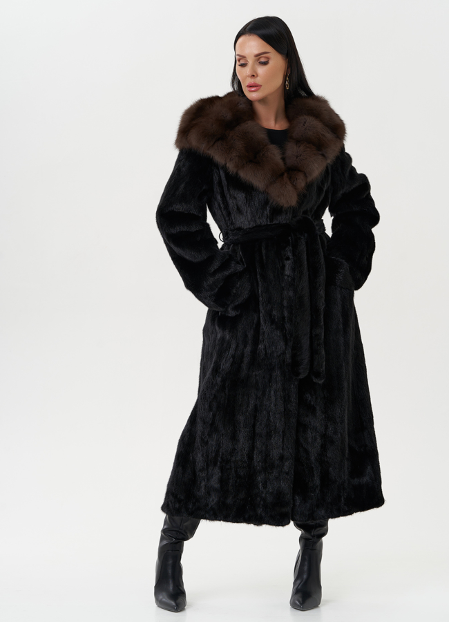 Шуба из норки с капюшоном из меха куницы модель № 28023 универмаг малина