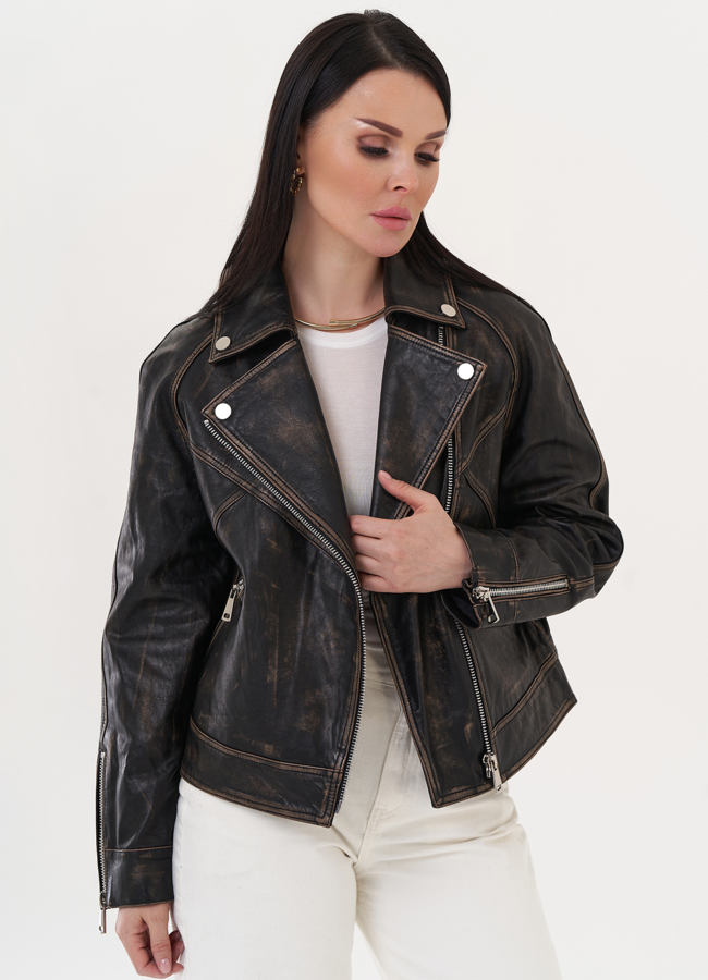 Куртка из натуральной кожи под винтаж модель № 26715 меха малина