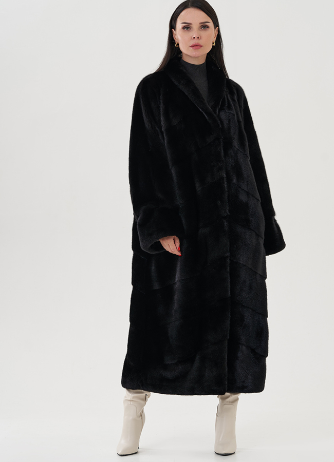 Черная шуба из скандинавской норки модель № 24968 меха малина