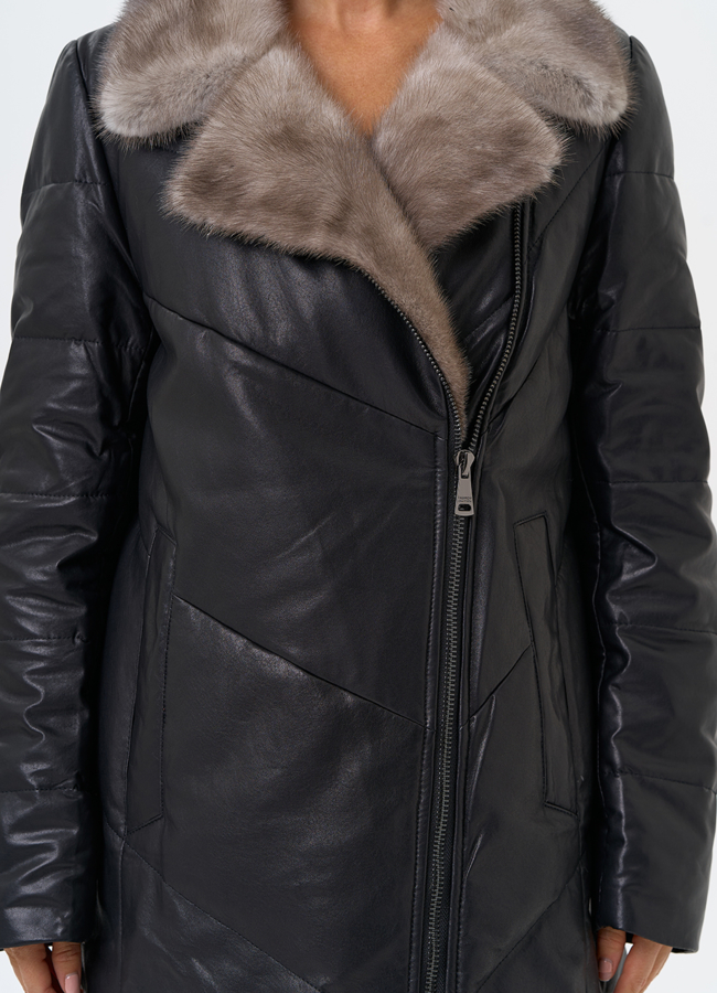 Пуховик из натуральной кожи с воротником из меха норки модель № 31566 в рассрочку Пуховик из натуральной кожи с воротником из меха норки модель № 31566 в рассрочку