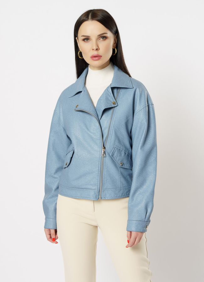 Куртка из эко кожи голубого цвета модель № 20627 меха малина