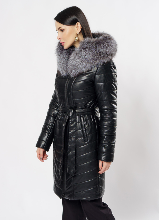 Пуховик из эко кожи черного цвета модель № 9801 в кредит