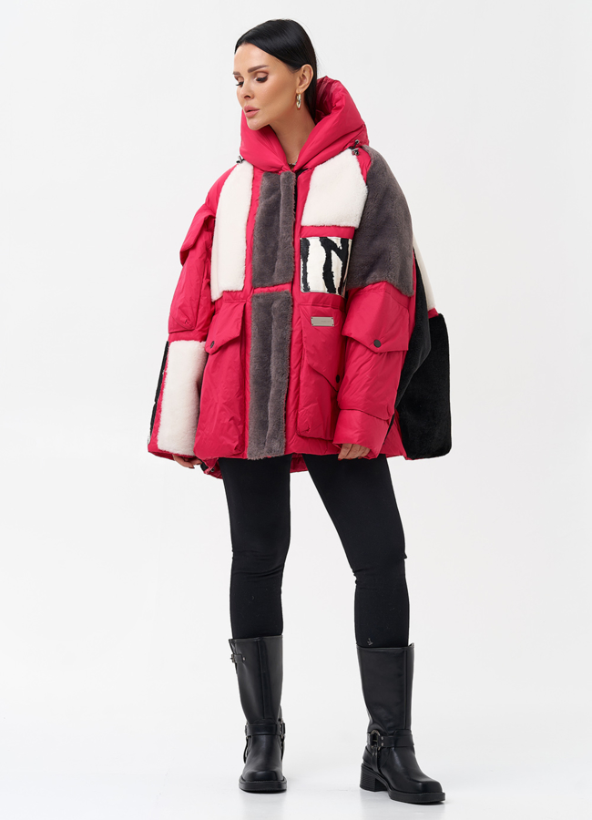 Комбинированный женский пуховик с капюшоном модель № 28371 в рассрочку