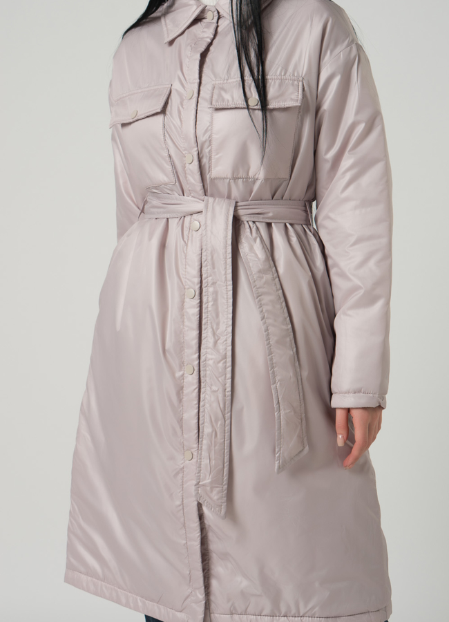 Женское пальто-рубашка бежевого цвета с поясом модель № 22390 универмаг малина