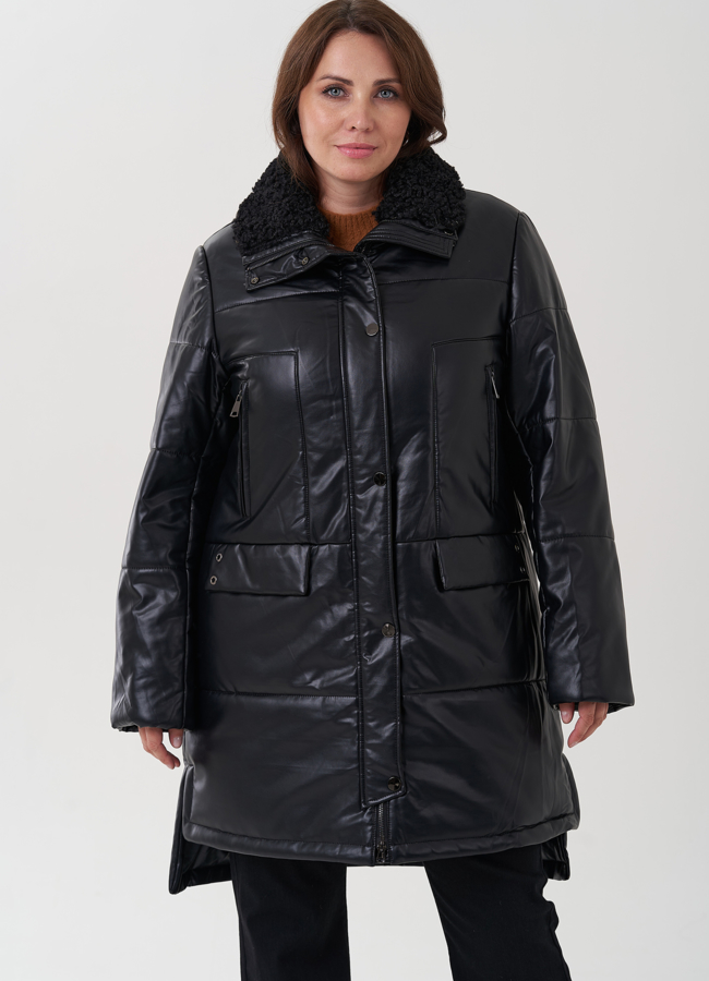 Пуховик из эко кожи с отделкой воротника модель № 25344 меха малина