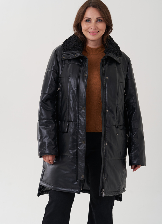 Пуховик из эко кожи с отделкой воротника модель № 25344 в рассрочку