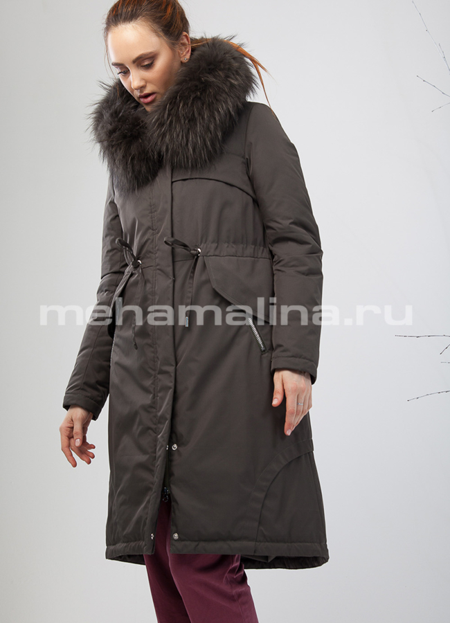 Тканевый пуховик-парка модель № П-193 меха малина