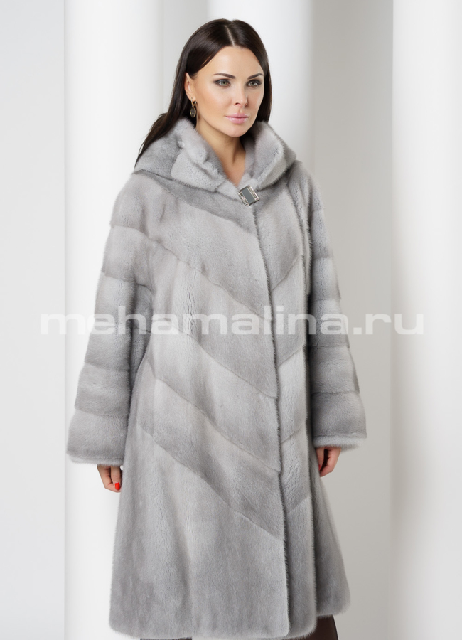 фото Норковая шуба с капюшоном в цвете сапфир модель № S-733