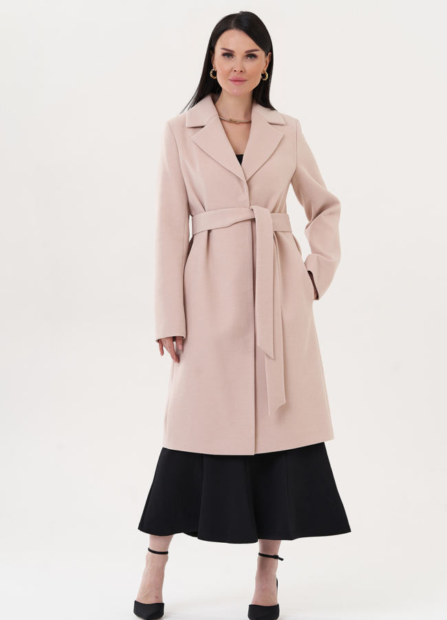 Классическое пальто с поясом модель № 26946 меха малина