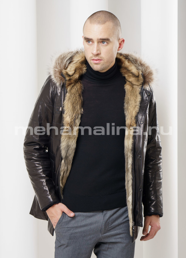 Дубленка мужская с капюшоном модель № DM-99 меха малина