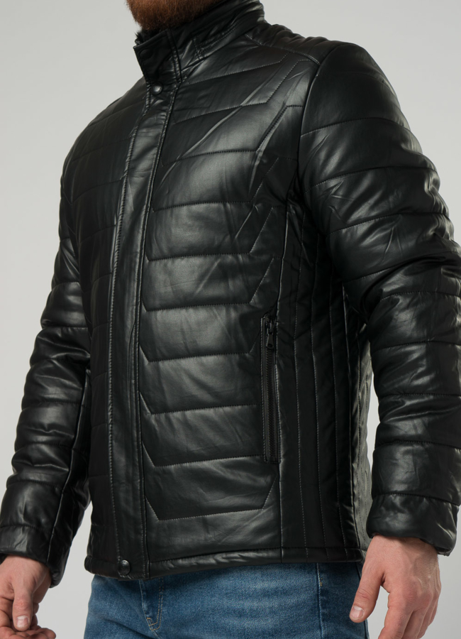 Мужской пуховик из эко кожи черного цвета модель № 21942 универмаг малина