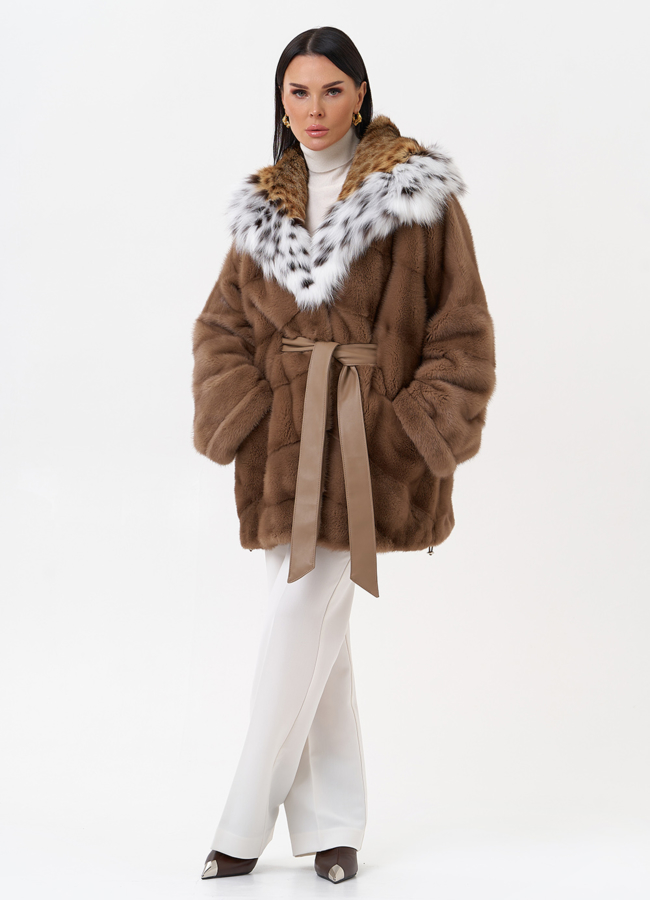 Короткая шуба из норки с рысью модель № 29523 универмаг малина