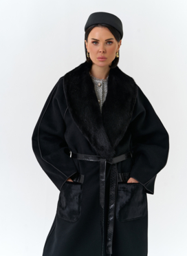 Женское длинное пальто с воротником из меха норки