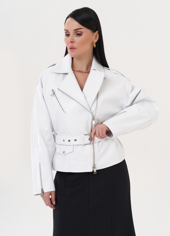 фото Куртка из натуральной кожи белого цвета  модель № 500140