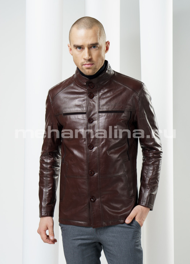 фото Кожаная куртка на пуговицах, цвет коричневый модель № KP-80