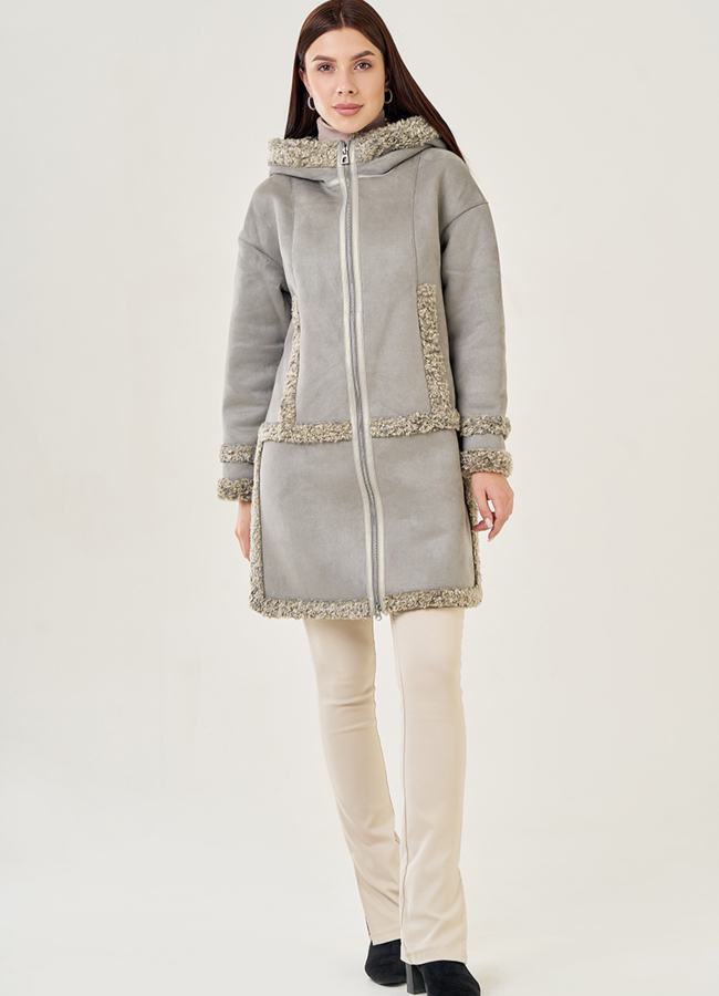 фото Женская дубленка из эко кожи с капюшоном светло-зеленого цвета модель № 23068