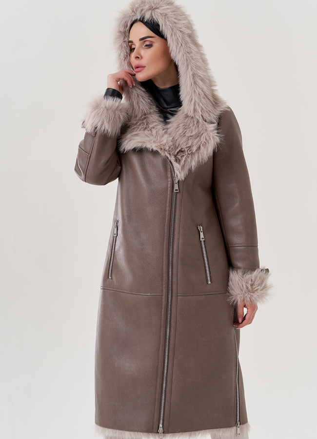 фото Женская дубленка из эко кожи с отделкой под тоскану  модель № 79494