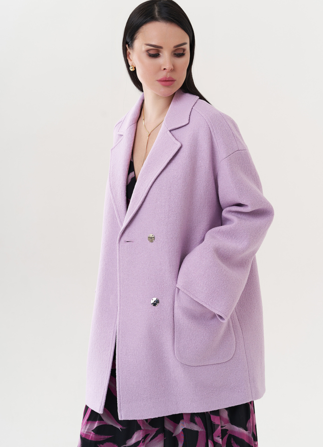 Пальто фиолетового цвета под пояс модель № 26718 универмаг малина