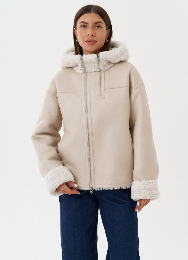 Двухсторонняя дубленка из эко кожи с капюшоном модель № 28653 меха малина