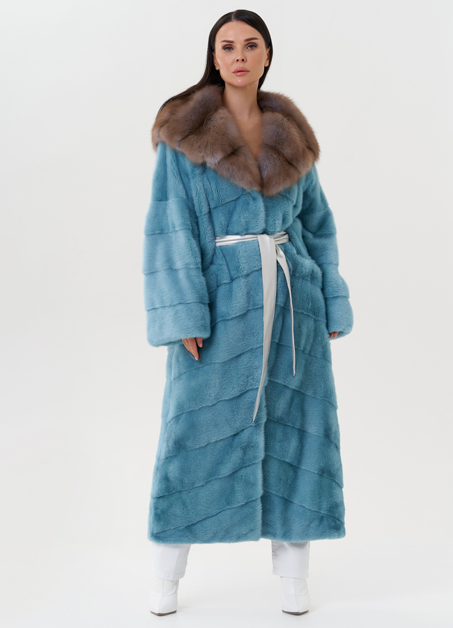 Женская норковая шуба с капюшоном из куницы модель № 27567 меха малина