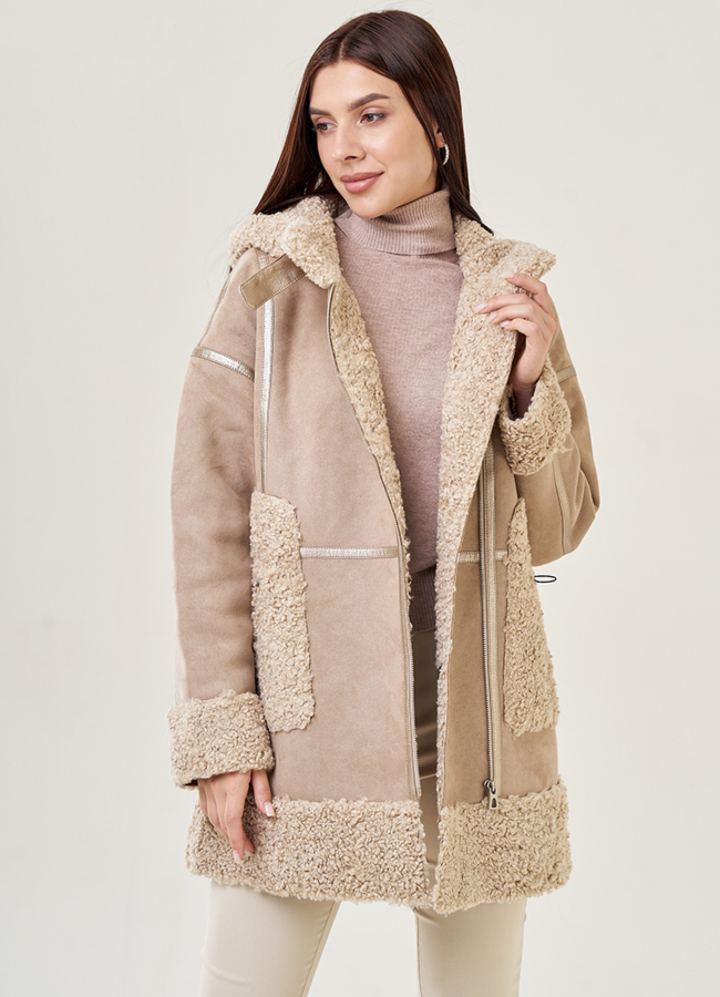 Женская искусственная дубленка с капюшоном модель № 23072 универмаг малина