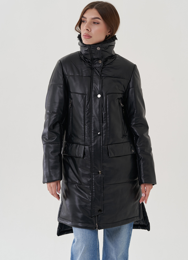 Пуховик из эко кожи с отделкой воротника модель № 25344 универмаг малина