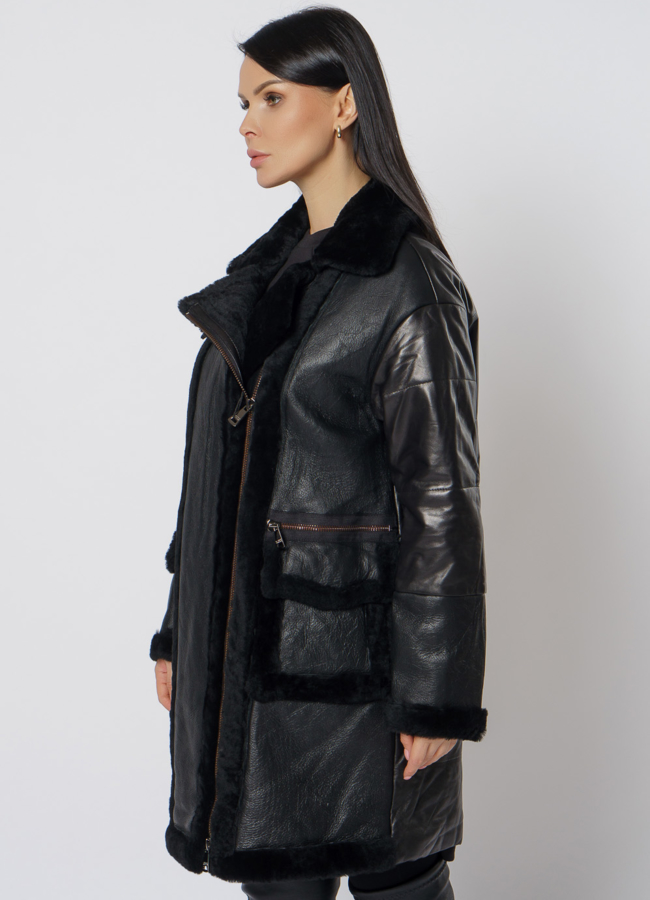 Пуховик из натуральной кожи с мехом модель № 21790 универмаг малина