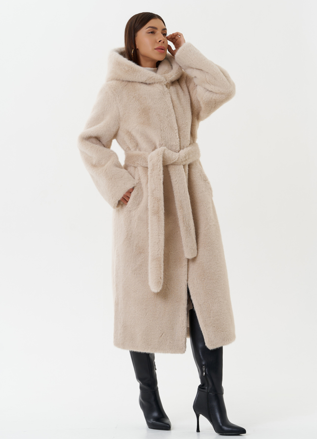 фото Удлиненная шуба из экомеха с капюшоном модель № 1333