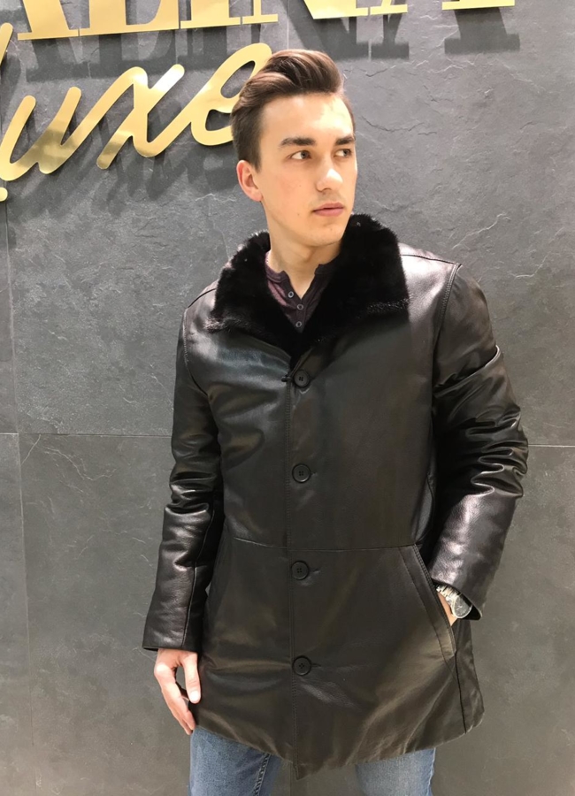 Кожаный пуховик модель № W8017-3 меха малина