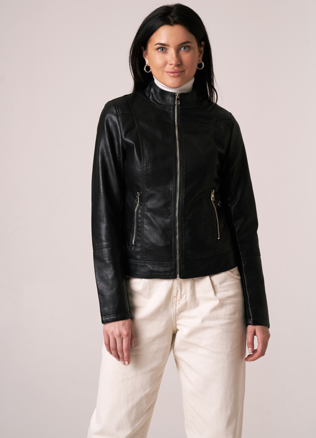 Кожаная куртка на молнии в черном цвете модель № 03 меха малина