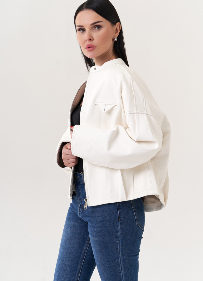 Куртка из натуральной кожи белого цвета модель № 26894 универмаг малина