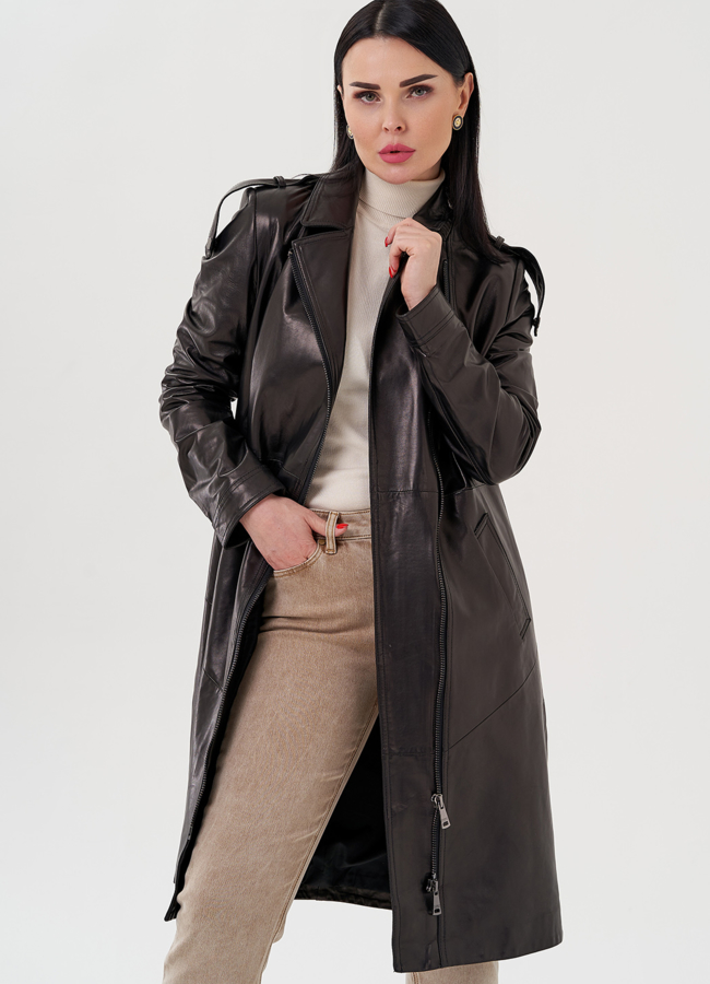 Длинный кожаный плащ модель № 80527 меха малина