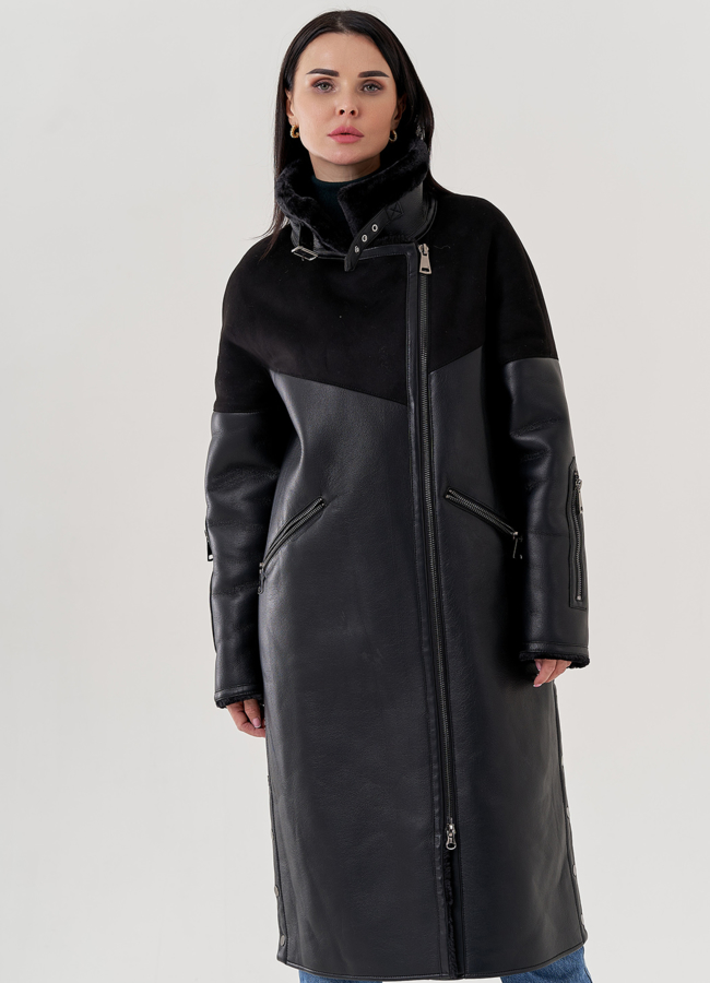 Женская дубленка из эко кожи черного цвета  модель № 79496 в рассрочку