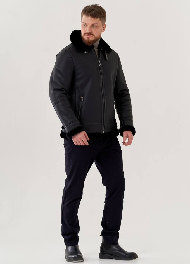Мужская дубленка пилот черного цвета  модель № 79033 в кредит