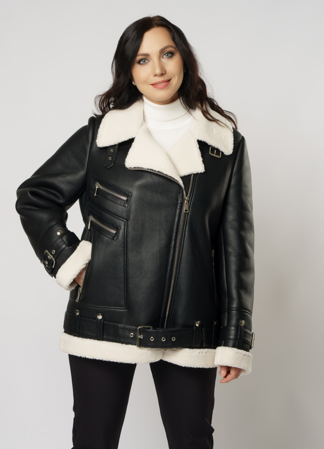 Дубленка пилот из эко кожи черного цвета модель № W5 универмаг малина