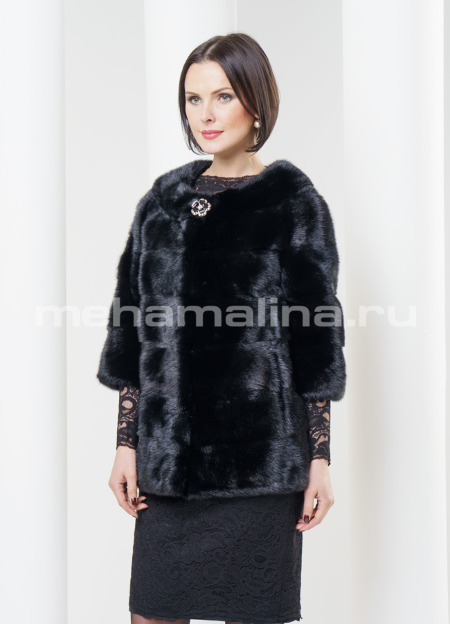 Шуба из норки укороченная, черная поперечка модель № S-320 меха малина