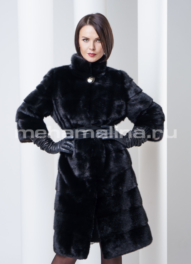 Шуба норковая поперечка 100 см, цвет черный модель № S-290 в кредит