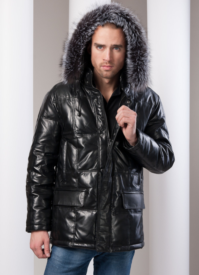 фото Кожаный пуховик удлиненный модель № ПМ-42