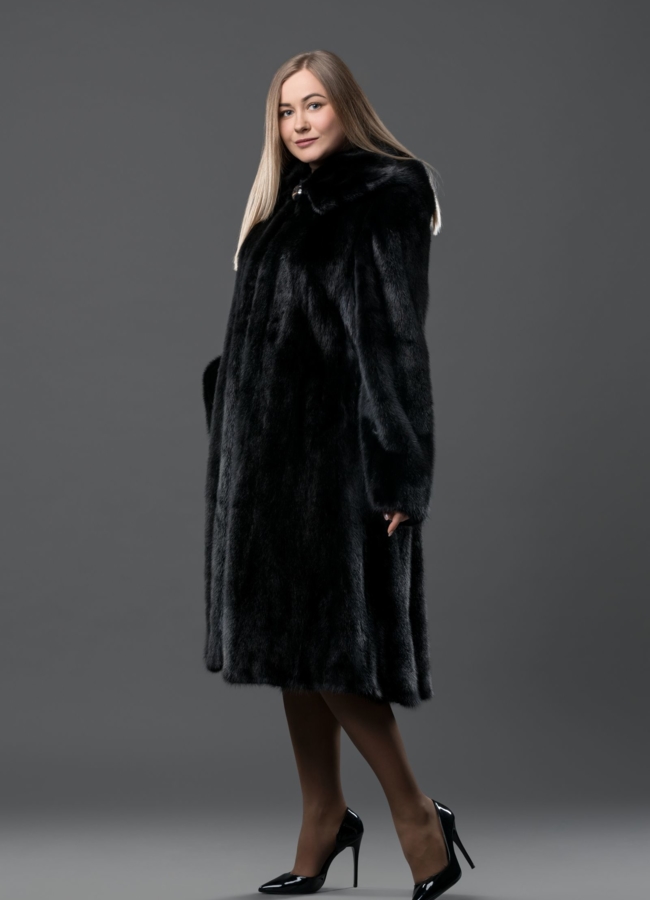 Классическая шуба из норки с капюшоном модель № S-772 в кредит