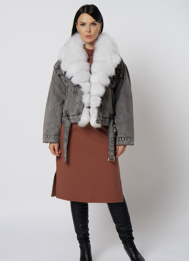 фото Утепленная джинсовая куртка серого цвета модель № 21704