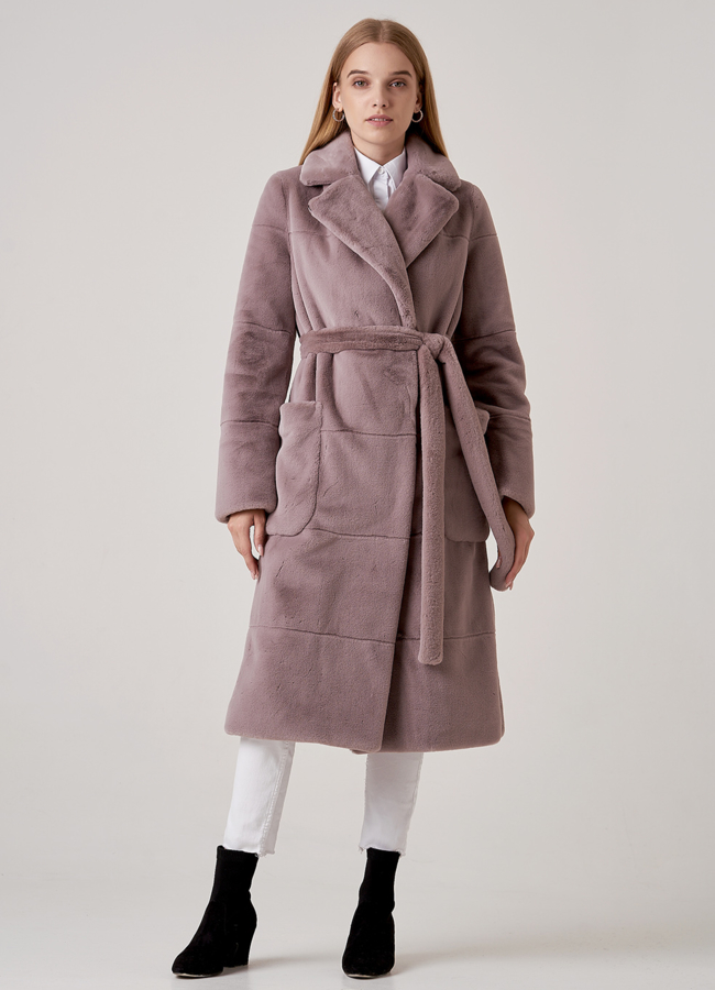 фото Шуба из искусственного меха с поясом модель № 75100