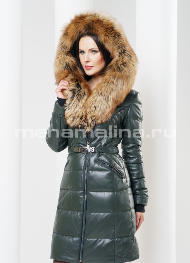 Пуховик кожаный с капюшоном модель № П-39 меха малина