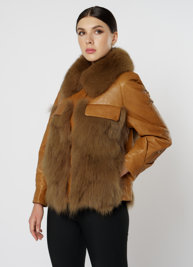 Куртка женская из натуральной кожи с отделкой из песца модель № 22099 в рассрочку
