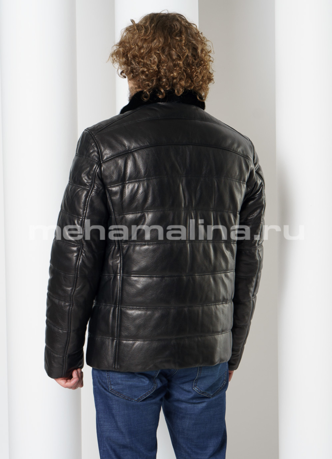 Пуховик из натуральной кожи, со стойкой, на молнии модель № KP-235 в кредит