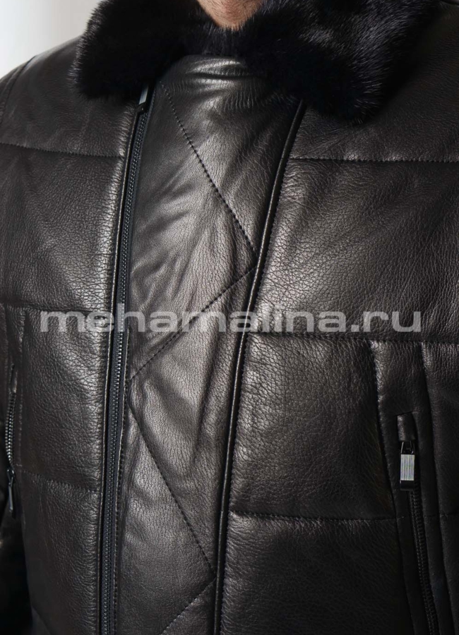 Пуховик из натуральной кожи с английским воротником, отделка норка модель № ПМ-112 универмаг малина