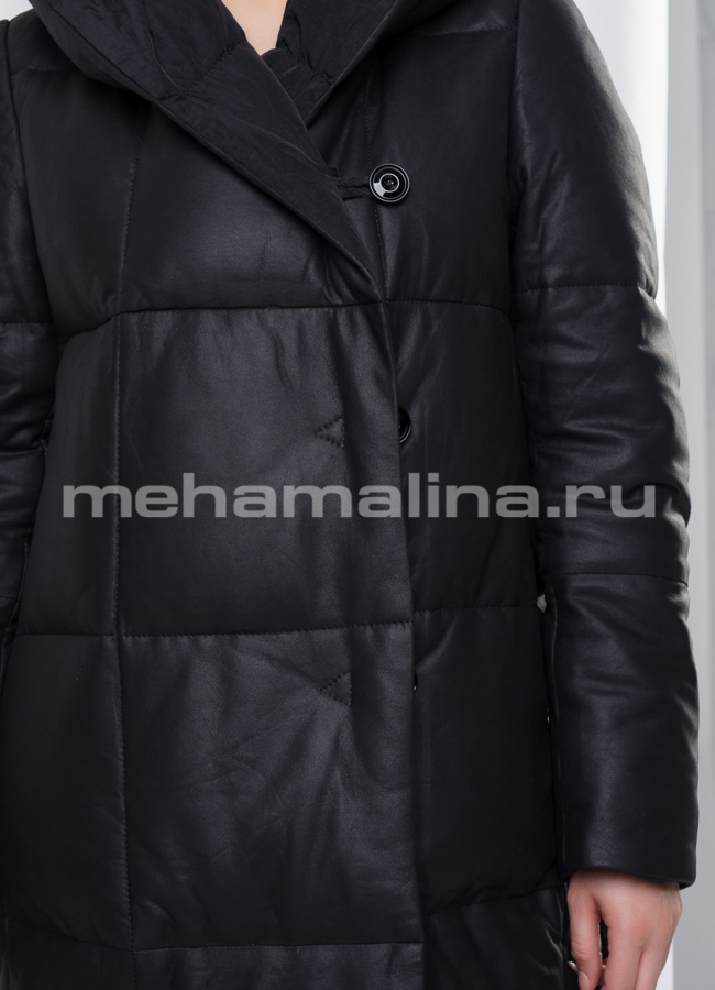 Кожаное пальто с капюшоном модель № K-387 универмаг малина