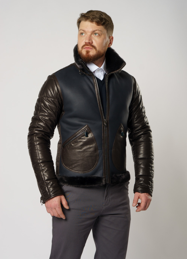 Мужская дубленка на молнии с воротником стойка модель № DM-134 универмаг малина